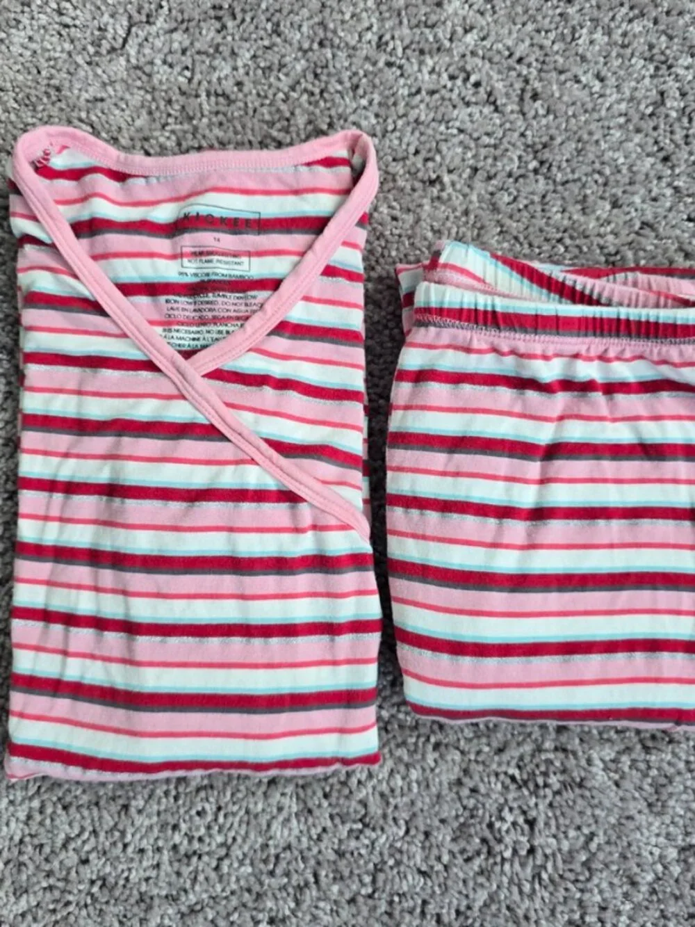 KicKee Pants Pajama Set Girls Long Sleeve Kimono Hopscotch Stripe Bamboo 14 Red